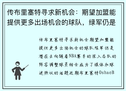 传布里塞特寻求新机会：期望加盟能提供更多出场机会的球队，绿军仍是潜在去向