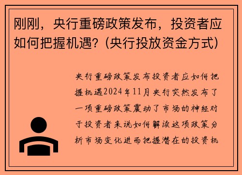 刚刚，央行重磅政策发布，投资者应如何把握机遇？(央行投放资金方式)