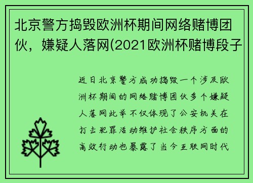 北京警方捣毁欧洲杯期间网络赌博团伙，嫌疑人落网(2021欧洲杯赌博段子)